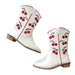 White boots with red cherry design on a white background