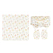 A baby gift set featuring a square blanket, a knotted headband, and a pair of mittens, all in a soft cream color with a delicate multicolor floral pattern.