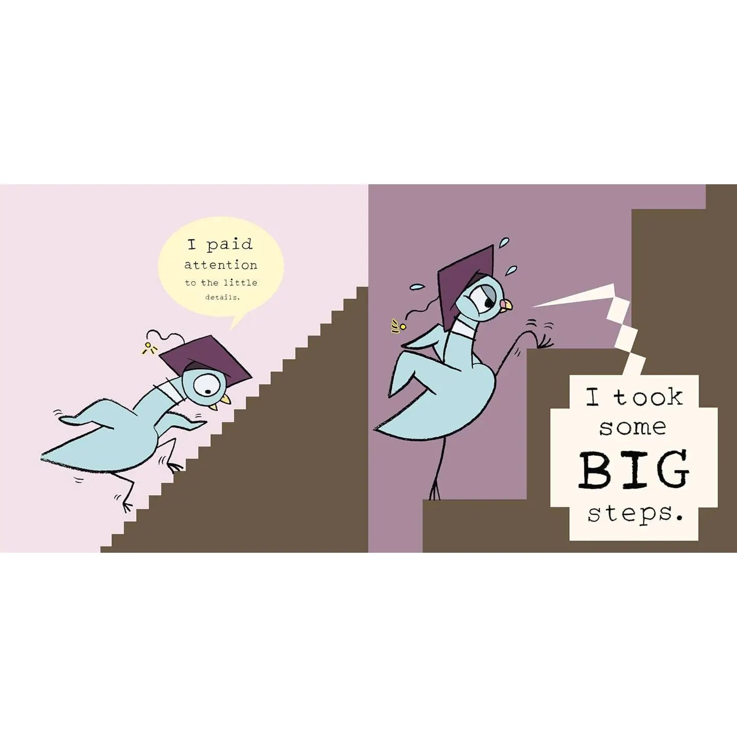 Cartoon illustration of a person in a graduation cap and gown climbing stairs with text about taking big steps.