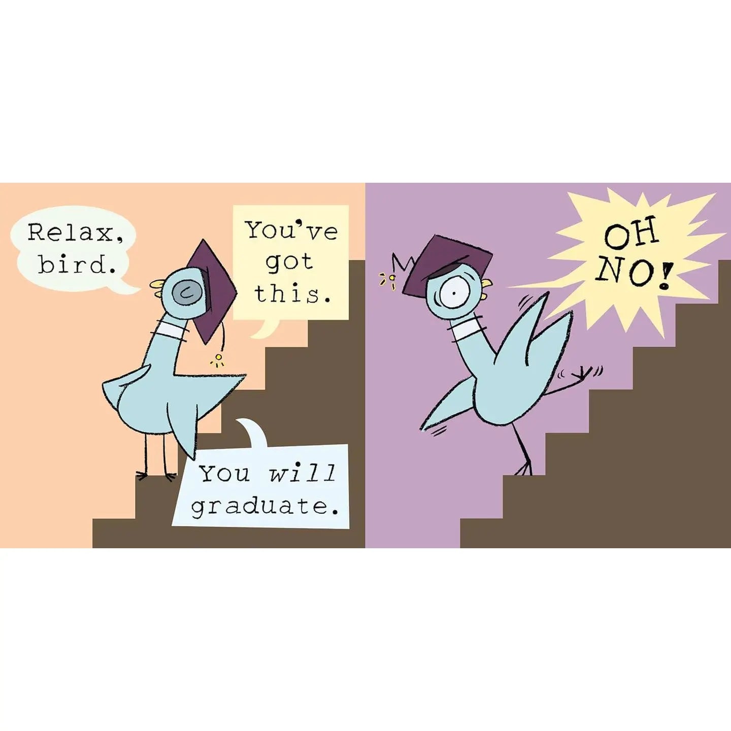 Cartoon of a person and a bird with graduation-themed对话框