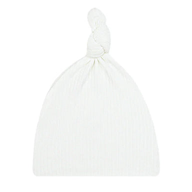 A white ribbed cotton baby beanie hat with a knotted top, shown on a plain white background.