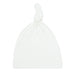 A white ribbed cotton baby beanie hat with a knotted top, shown on a plain white background.