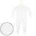 A white long-sleeve baby footed sleeper with a front zipper, hanging on a gold hanger against a white background, with a circular inset showing a close-up of the ribbed fabric texture.