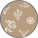 Round beige fabric sample with western-themed designs on a plain background