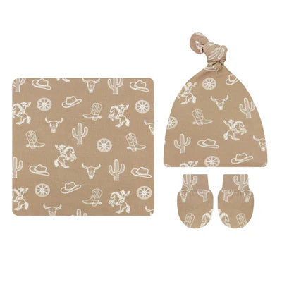 Baby blanket, hat, and booties set with cowboy pattern on a white background
