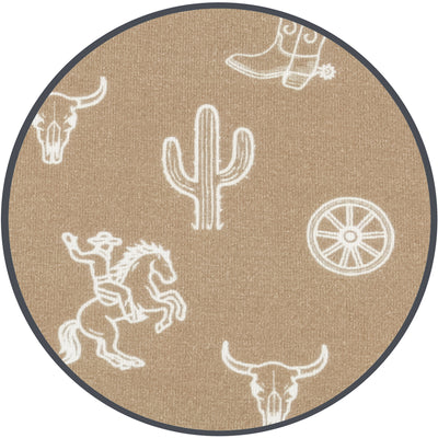 Round beige fabric sample with white western-themed designs on a plain background