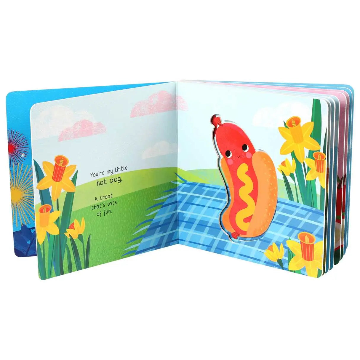 Children's book with a colorful illustration of a hot dog on a blue background