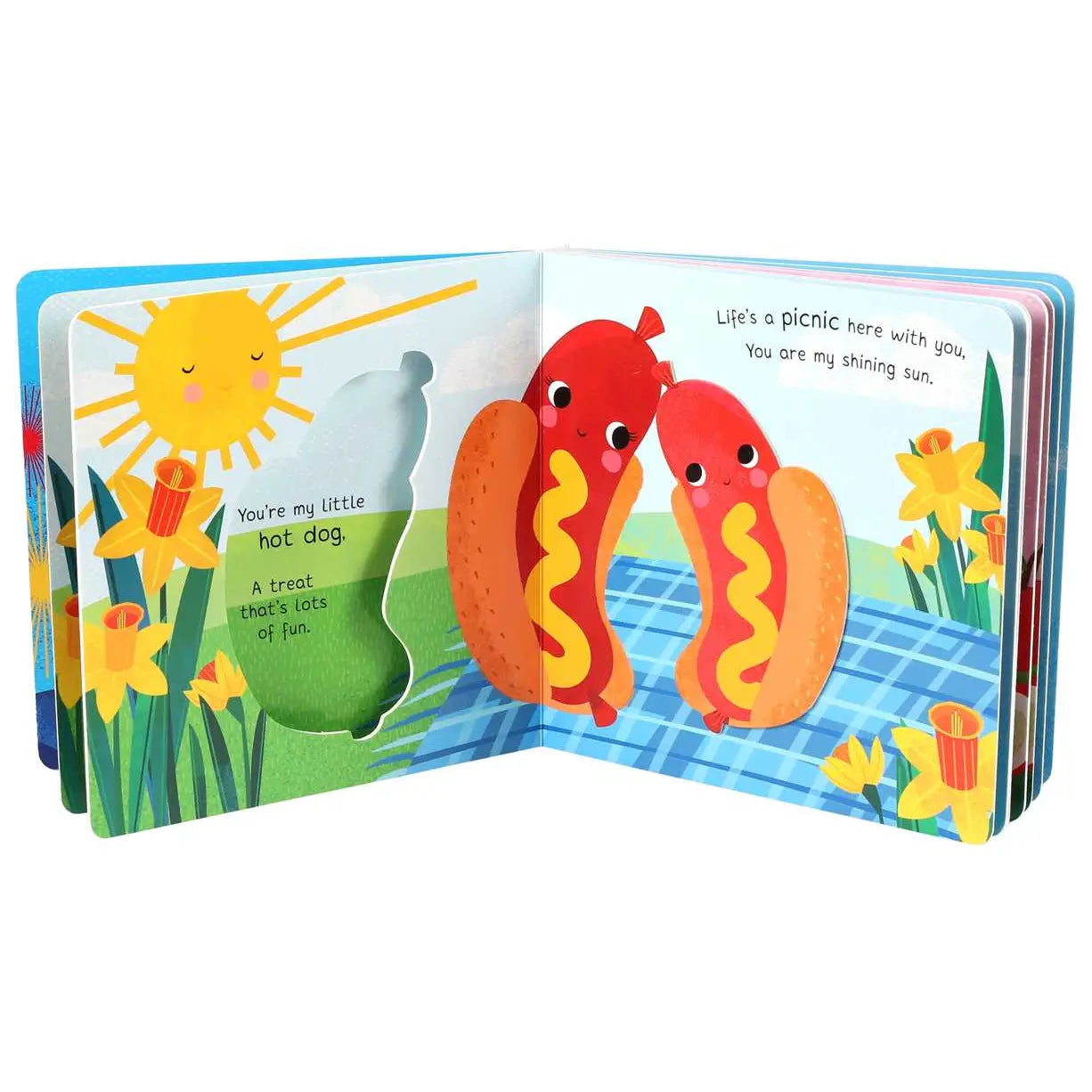 Children's book with colorful illustrations of hot dogs and a sun on a white background