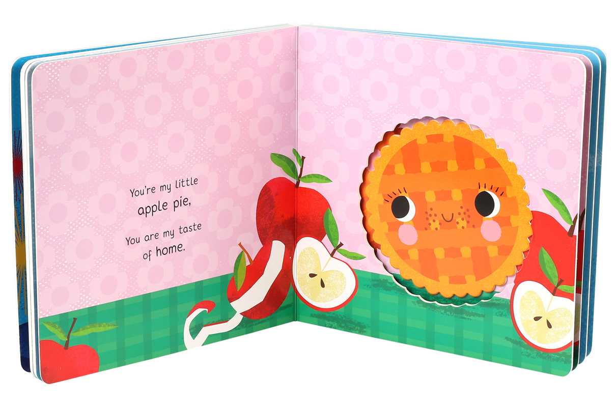 Children's book open to a page with a cartoon apple pie and apples on a pink background.