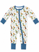 A baby long-sleeve footed sleeper with a white background, featuring a colorful cowboy boot and horseshoe print, blue cuffs, and a blue front zipper.
