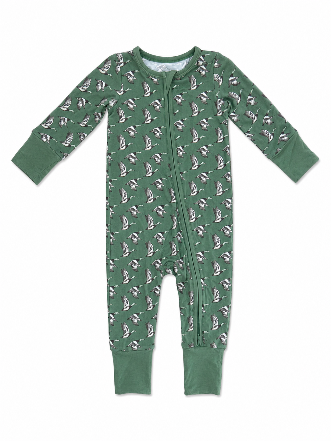 A baby's long-sleeve zip-up footless one-piece pajama in sage green, featuring an all-over print of small white and gray ducks.