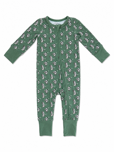 A baby's long-sleeve zip-up footless one-piece pajama in sage green, featuring an all-over print of small white and gray ducks.