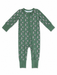 A baby's long-sleeve zip-up footless one-piece pajama in sage green, featuring an all-over print of small white and gray ducks.