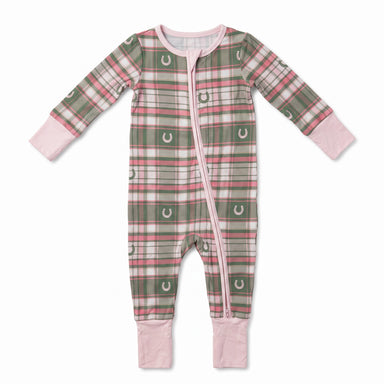 A baby long-sleeve footless sleeper with a green, pink, and white plaid pattern featuring horseshoe motifs, complete with a pink zipper and pink cuffs and leg cuffs, shown on a white background.