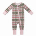 A baby long-sleeve footless sleeper with a green, pink, and white plaid pattern featuring horseshoe motifs, complete with a pink zipper and pink cuffs and leg cuffs, shown on a white background.