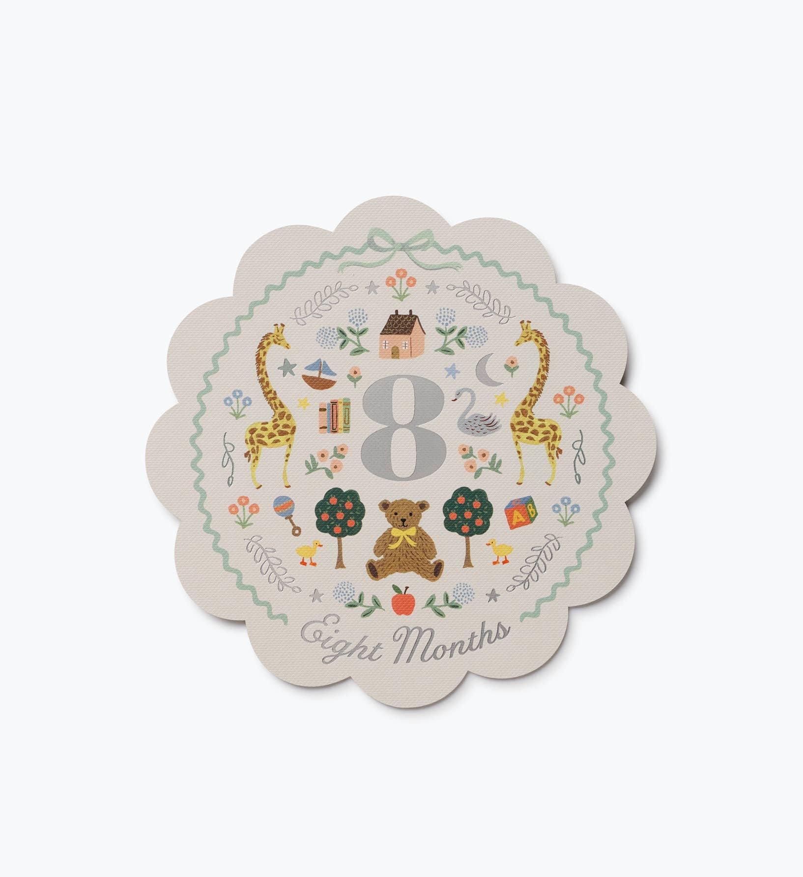 Illustrated Rifle Paper Co. baby milestone card marked Eight Months with silver detailing and whimsical animals flowers and woodland motifs