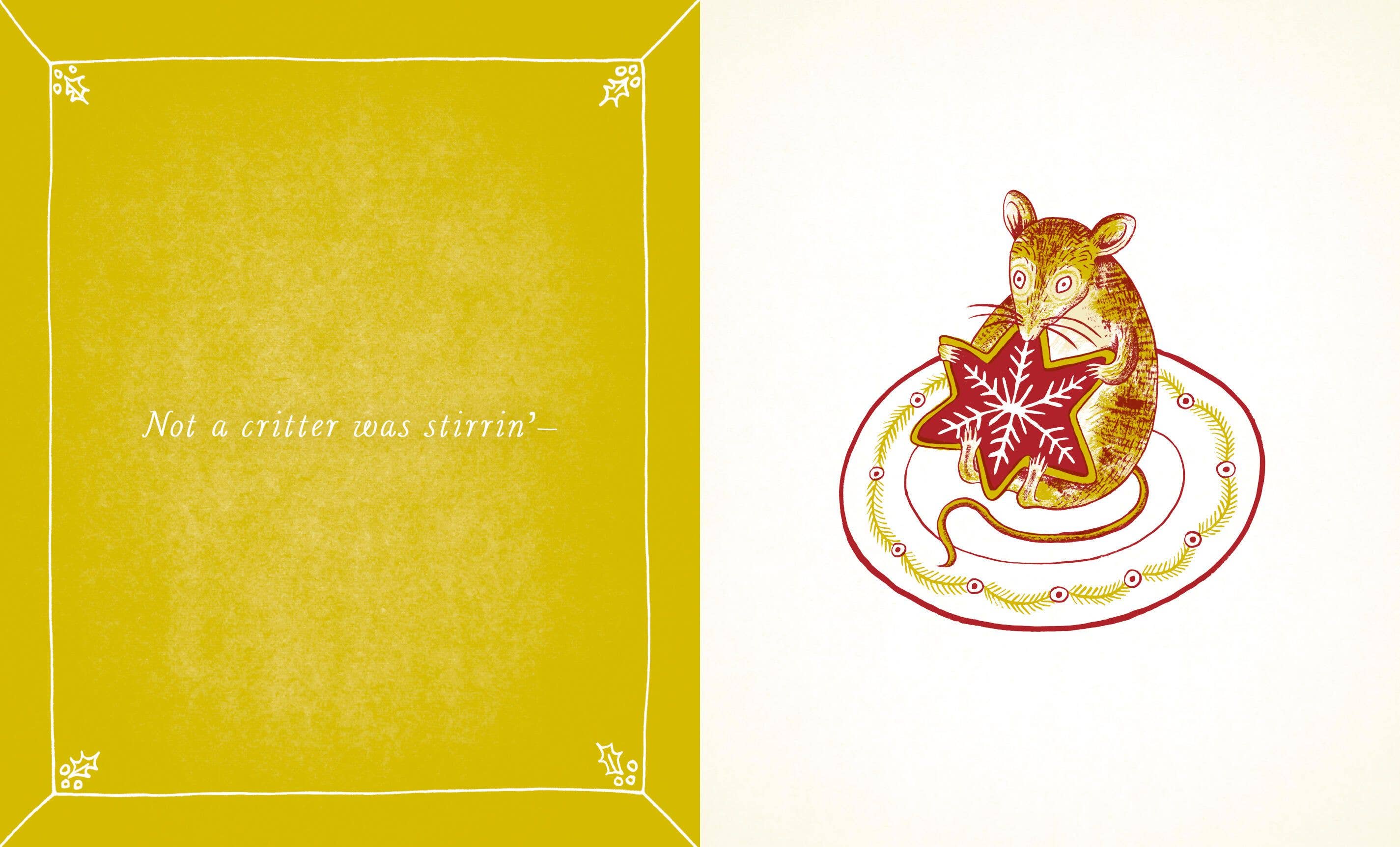Open childrens Christmas book showing a golden yellow page with white verse text and a whimsical mouse in a red scarf on the facing page