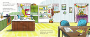 A colorful illustrated interior scene of a kitchen and dining area with a table, chairs, refrigerator, cabinets, and decorative garlands. Text bubbles contain descriptive narration about the room and objects.