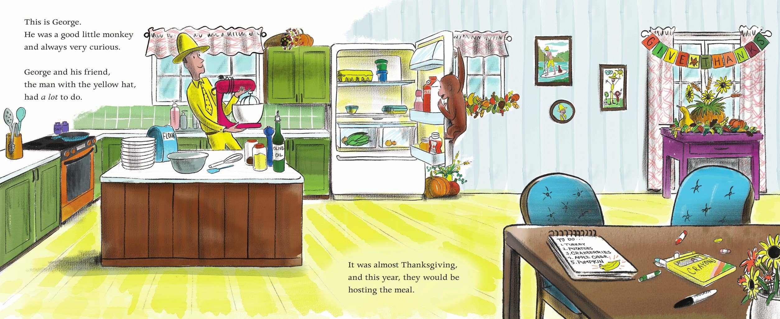 A colorful illustrated interior scene of a kitchen and dining area with a table, chairs, refrigerator, cabinets, and decorative garlands. Text bubbles contain descriptive narration about the room and objects.