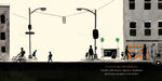 Black and white illustration of a city street with people and pumpkins, featuring a store front with pumpkins on Halloween.