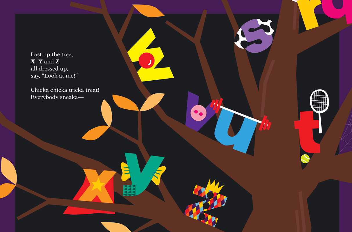 Colorful alphabet letters on a tree with a dark background