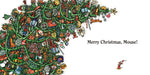 A festive Christmas-themed illustration featuring a large decorated tree made of many holiday objects on the left, with the text 'Merry Christmas, Mouse!' on a white background and a small mouse character in the lower right corner.