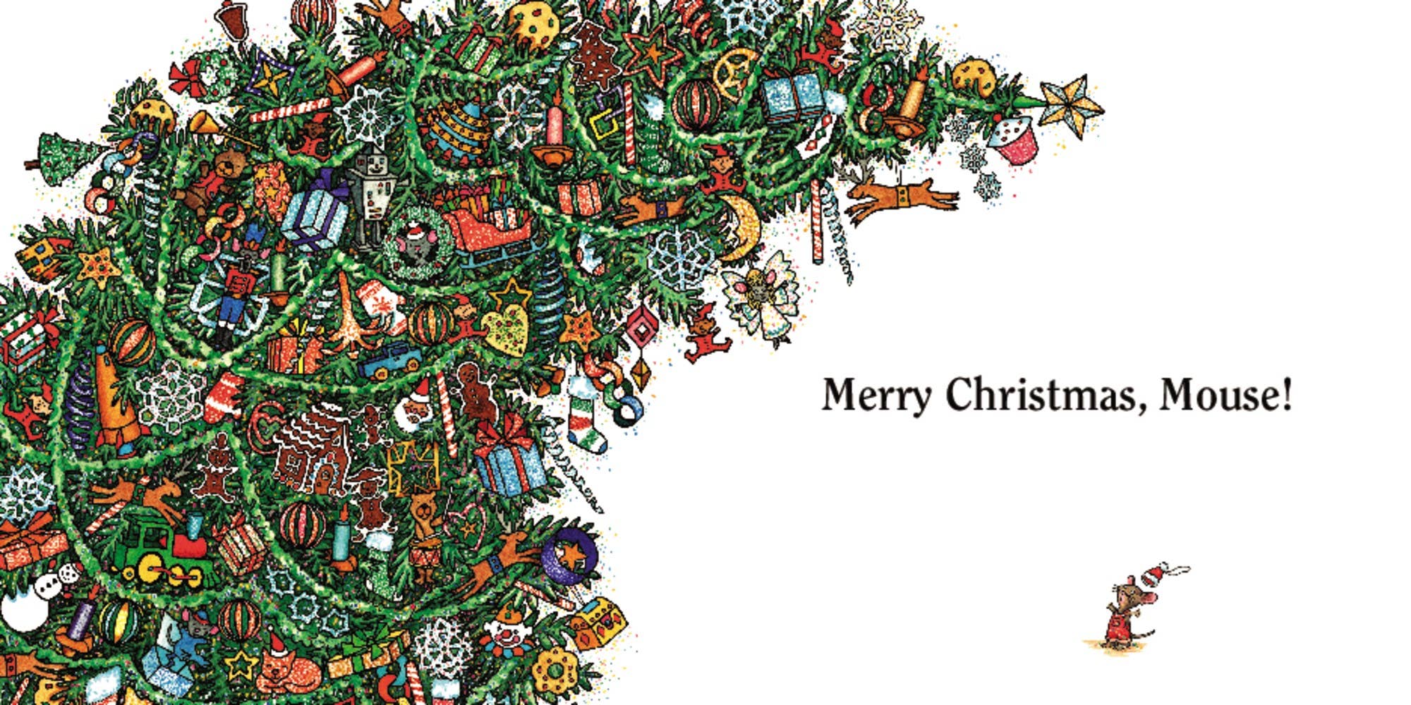A festive Christmas-themed illustration featuring a large decorated tree made of many holiday objects on the left, with the text 'Merry Christmas, Mouse!' on a white background and a small mouse character in the lower right corner.
