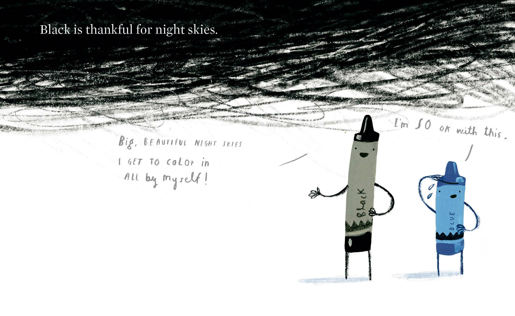 Cartoon crayons standing on a snowy landscape with text about black being thankful for night skies.