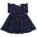 navy dress with multicolored alphabet letters embroidered and applies