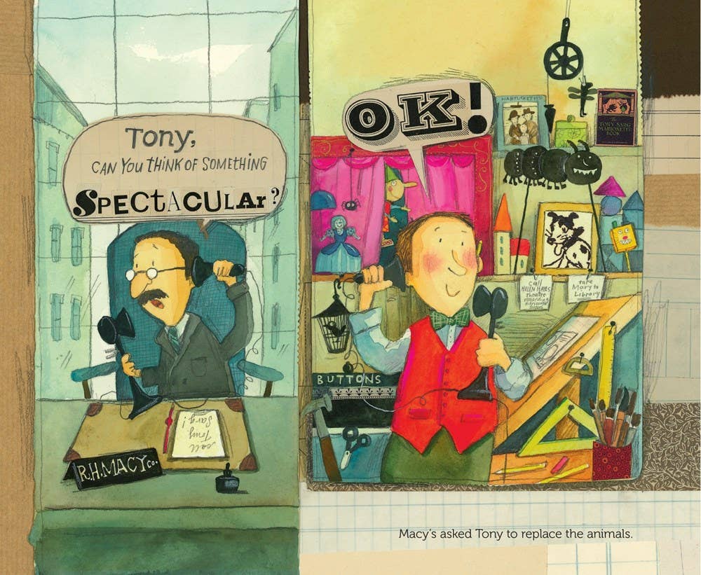A two-panel illustrated book or comic page showing a cartoon office scene. The left panel shows a man in a suit sitting at a desk with a speech bubble reading, 'Tony, CAN YOU THINK OF SOMETHING SPECTACULAR?' The right panel shows the same man in a colorful workshop-like space with tools and objects around him, holding a phone, with 'OK!' above his head.