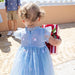 toddler girl wearing ruffle sleeveless light blue organza dress with santa embroidery