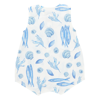 back of white sleeveless romper with blue seashell and fish print 