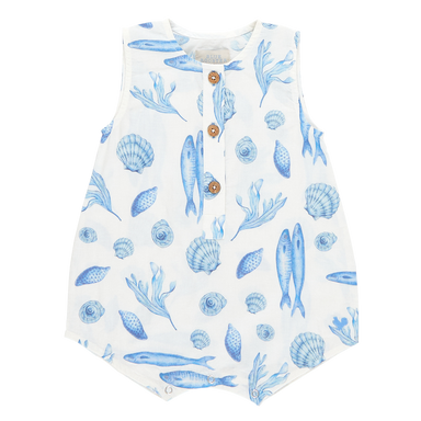white sleeveless romper with blue seashell and fish print and 3 buttons down the middle