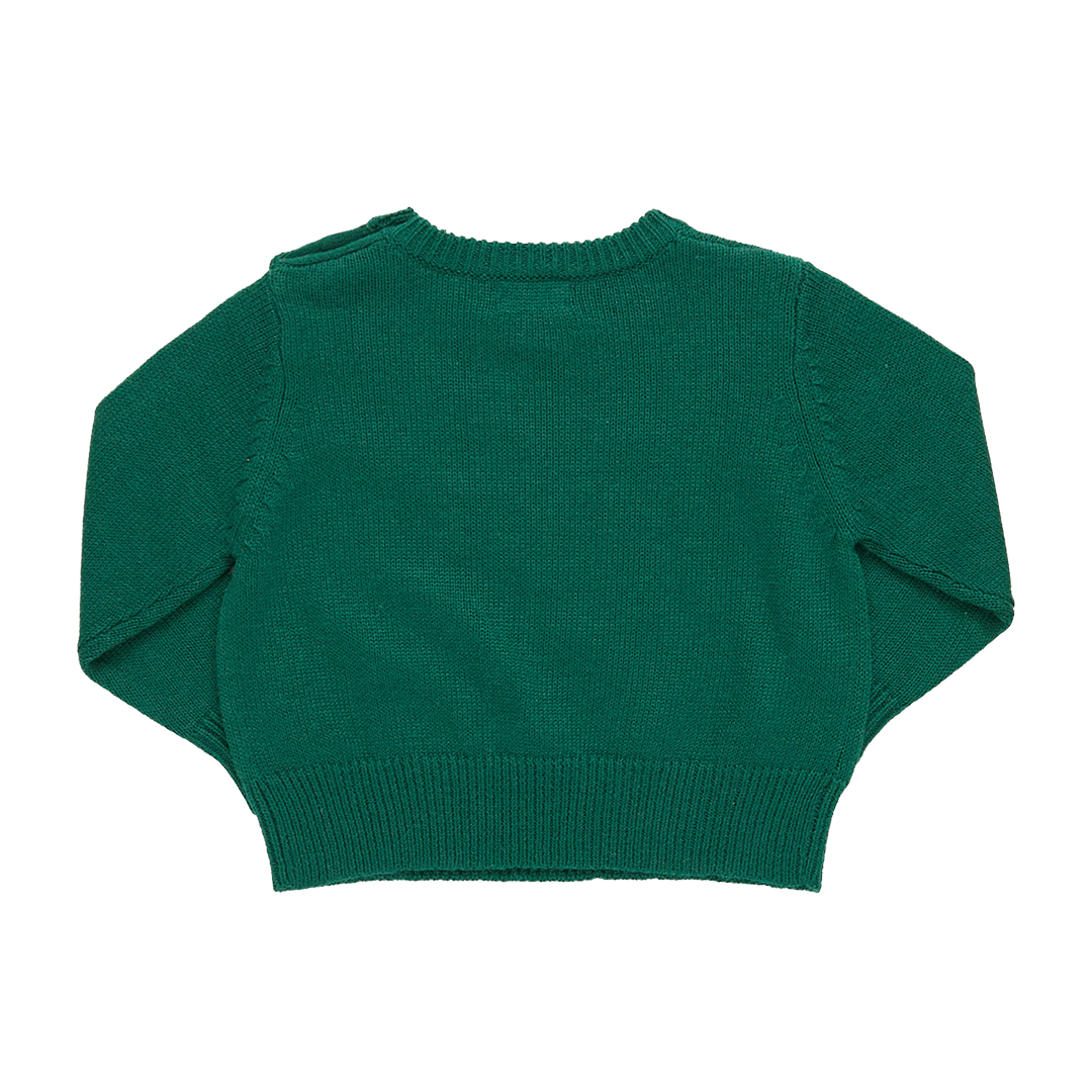 back of green crewneck sweater
