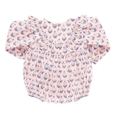 back of pink long sleeve ruffle bubble with blue and white dahlia block print