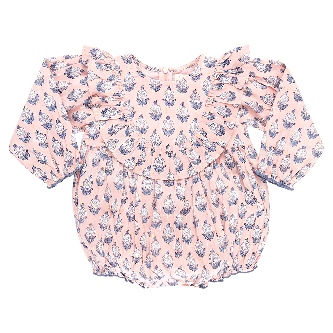 pink long sleeve ruffle bubble with blue and white dahlia block print