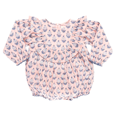 pink long sleeve ruffle bubble with blue and white dahlia block print