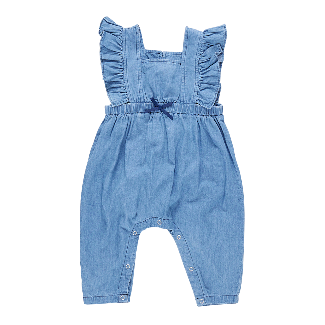 chambray jumper with ruffle sleeves and small ribbon bow detail