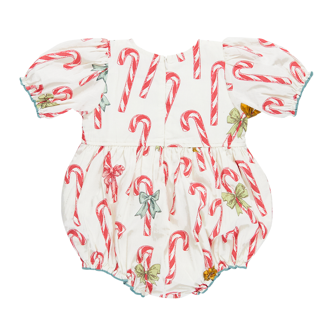back of white puff sleeve bubble with red candy cane print