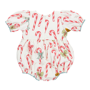 back of white puff sleeve bubble with red candy cane print