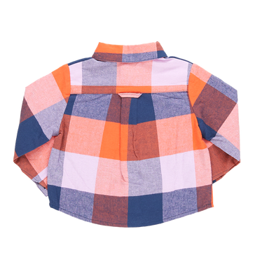 back of long sleeve collared button down shirt with orange, navy and pink checkered print