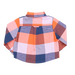 back of long sleeve collared button down shirt with orange, navy and pink checkered print