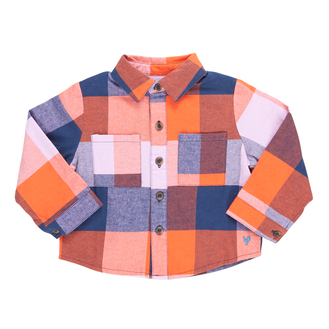 long sleeve collared button down shirt with orange, navy and pink checkered print
