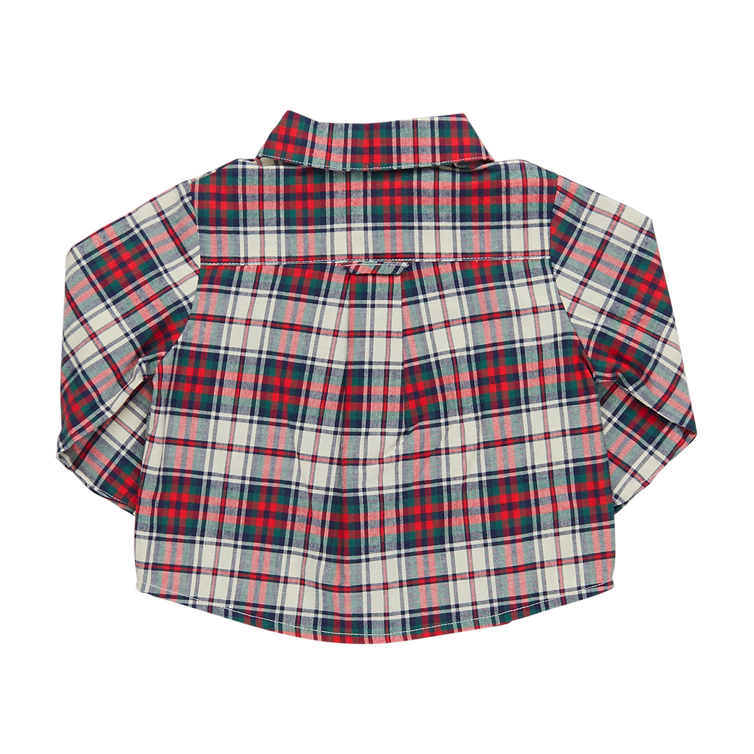 back of white, red, and green tartan plaid long sleeve button down shirt
