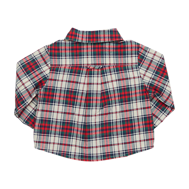 back of white, red, and green tartan plaid long sleeve button down shirt