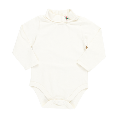 off white colored turtleneck long sleeve onesie with candy cane embroidery on the collar