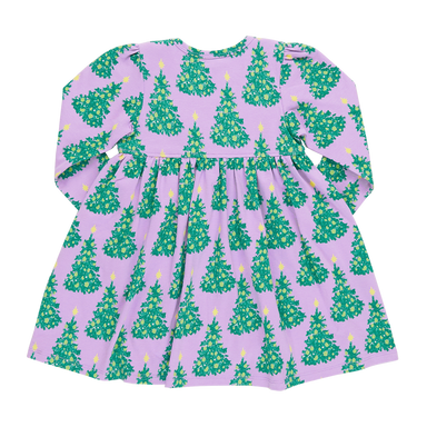 back of long sleeve purple twirl dress with green christmas trees print