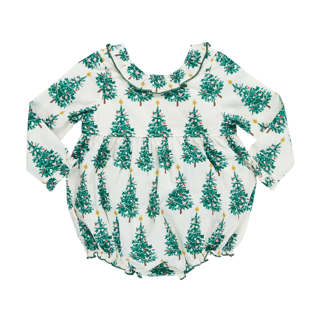 long sleeve white bubble with ruffle collar and green christmas tree print