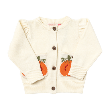 ivory colored button cardigan with orange pumpkin on pockets