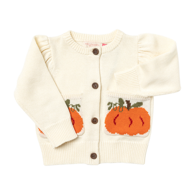 ivory colored button cardigan with orange pumpkin on pockets